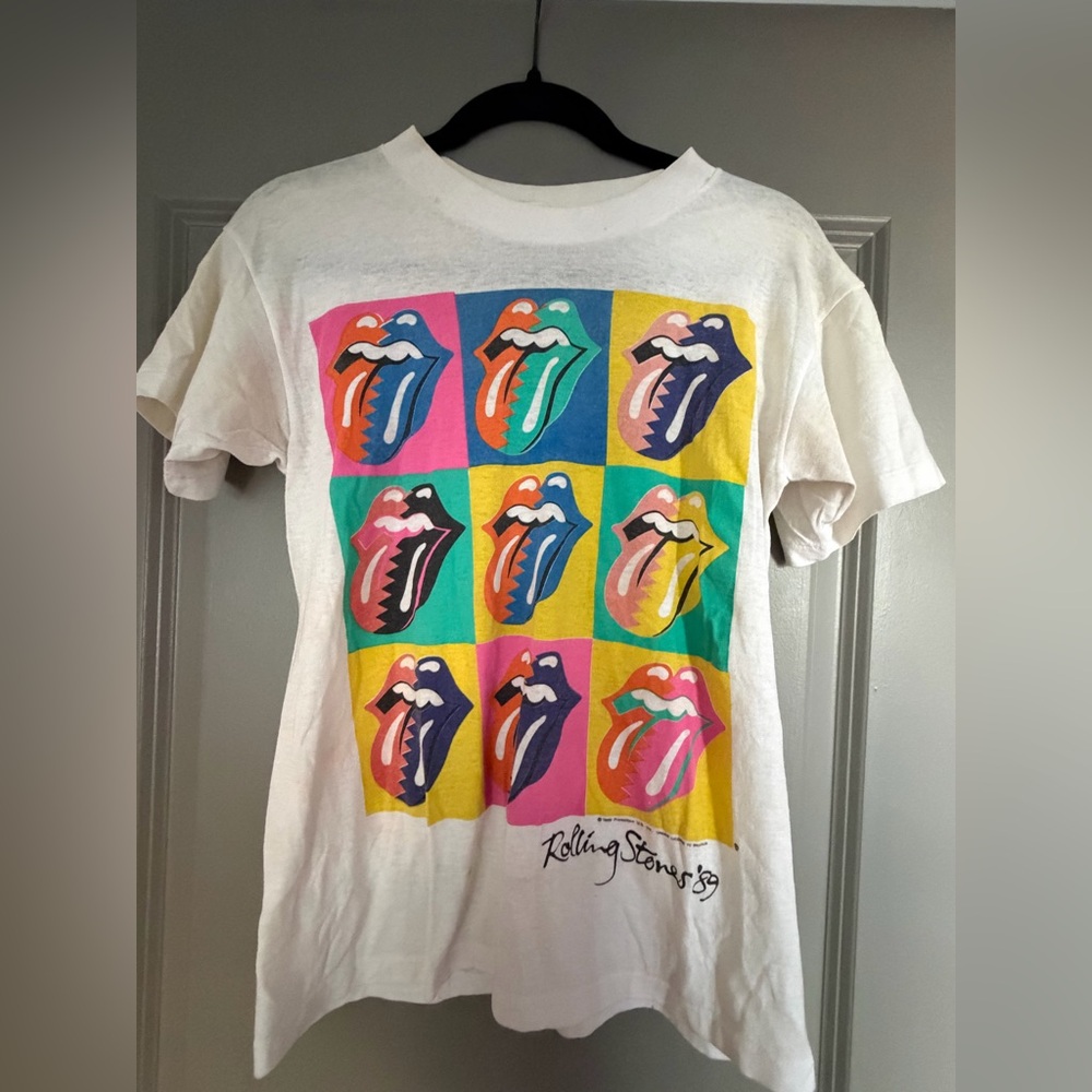 the Rolling Stones White Short Sleeve Tee with Multicolor Pop Art Tongues